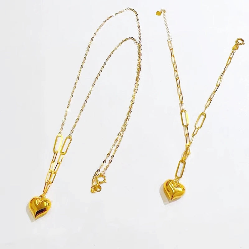 18K Gold Heart Necklace Pure AU750 Clavicle Chain Fine Jewelry Gift for Women