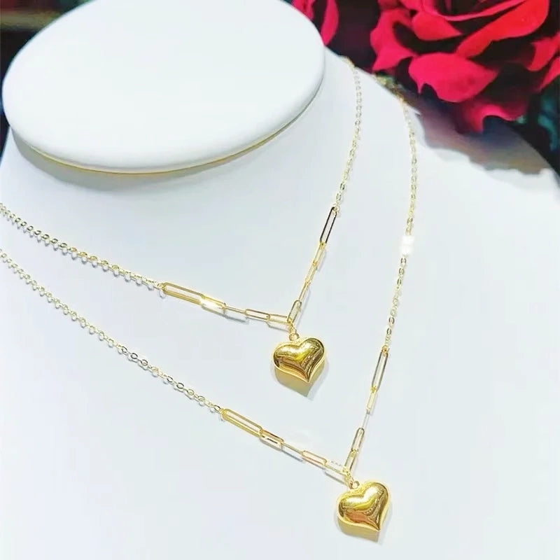 18K Gold Heart Necklace Pure AU750 Clavicle Chain Fine Jewelry Gift for Women